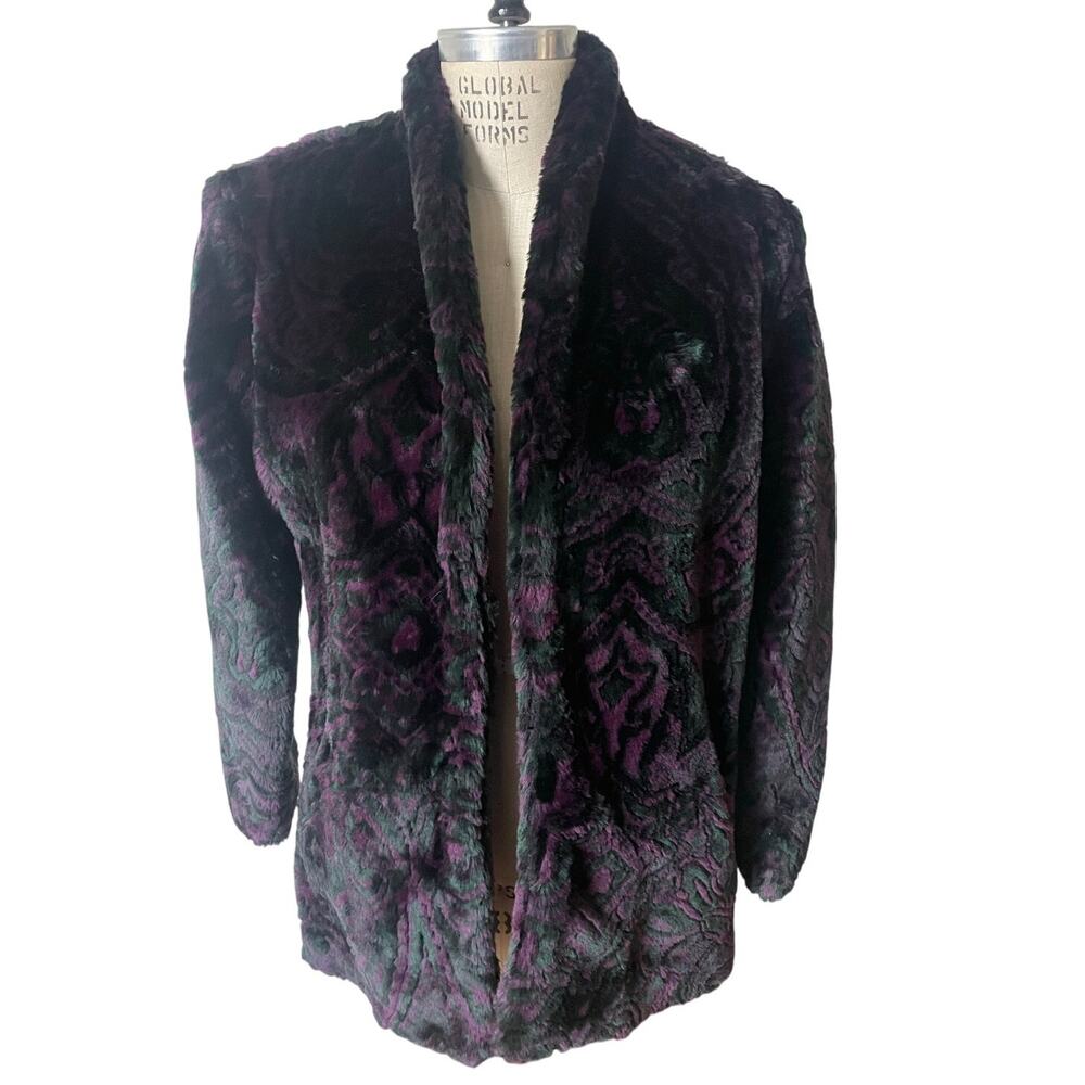 ACKO Vintage Faux Fur Jacket Women’s Size Medium Purple Black Green 80s